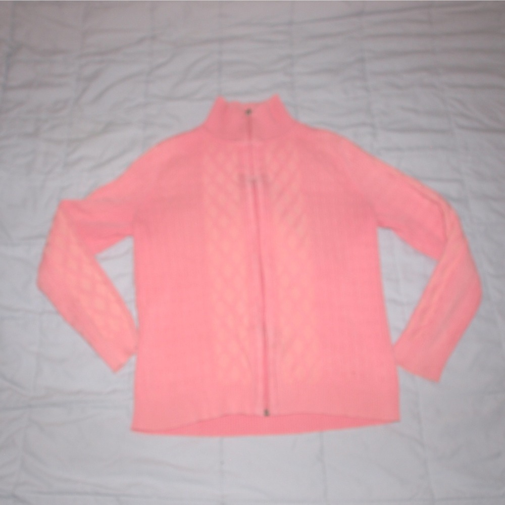 Liz Golf Full Zip Cardigan Cable Knit Mock Neck Sweater Coral Pink M - Picture 1 of 8